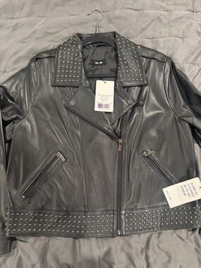 Saint + Sofia Large L Black Studded Leather Moto Jacket NWT